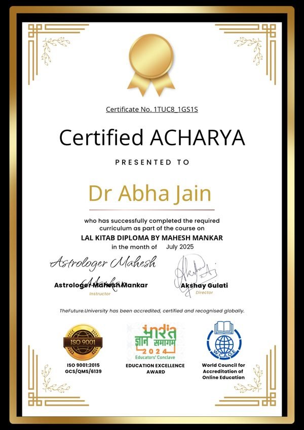 Certified Acharya certificate presented to Dr. Abha Jain, July 2025